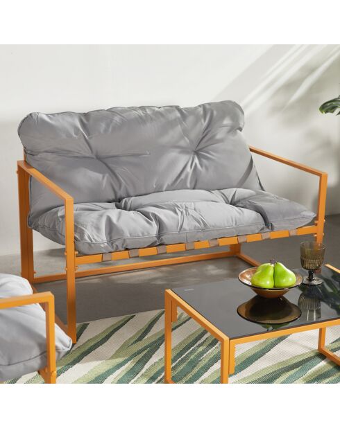 Salon de jardin 4 places contemporain Cadiz brun avec coussins gris - 4 pièces