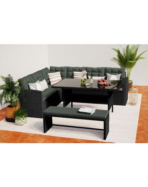 Salon de jardin 8 places en résine Brevino anthracite avec coussins verts - 3 pièces