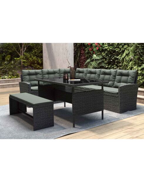 Salon de jardin 8 places en résine Brevino anthracite avec coussins verts - 3 pièces