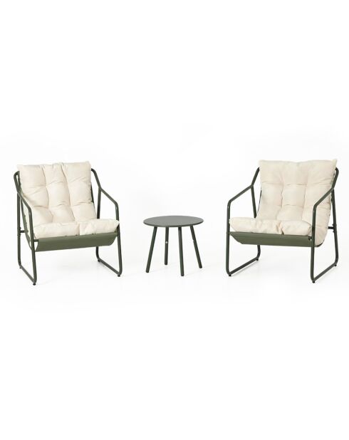 Salon de jardin 2 fauteuils avec table basse Janina vert kaki - 3 pièces