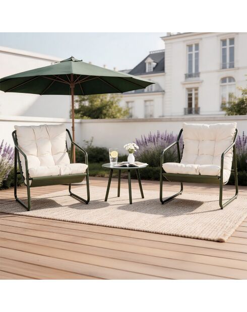Salon de jardin 2 fauteuils avec table basse Janina vert kaki - 3 pièces