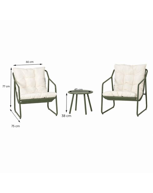 Salon de jardin 2 fauteuils avec table basse Janina vert kaki - 3 pièces