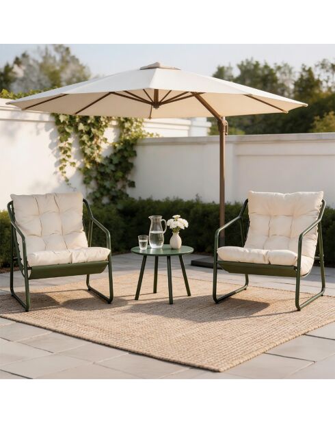Salon de jardin 2 fauteuils avec table basse Janina vert kaki - 3 pièces