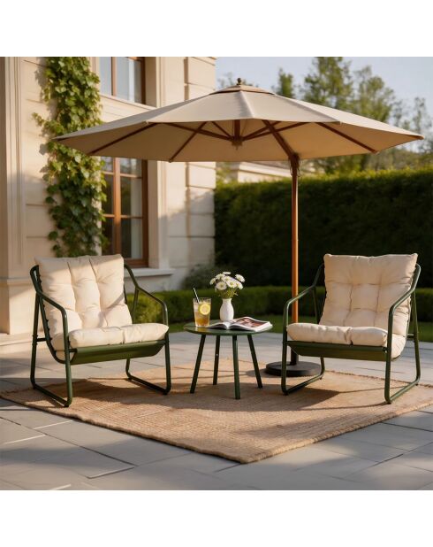 Salon de jardin 2 fauteuils avec table basse Janina vert kaki - 3 pièces