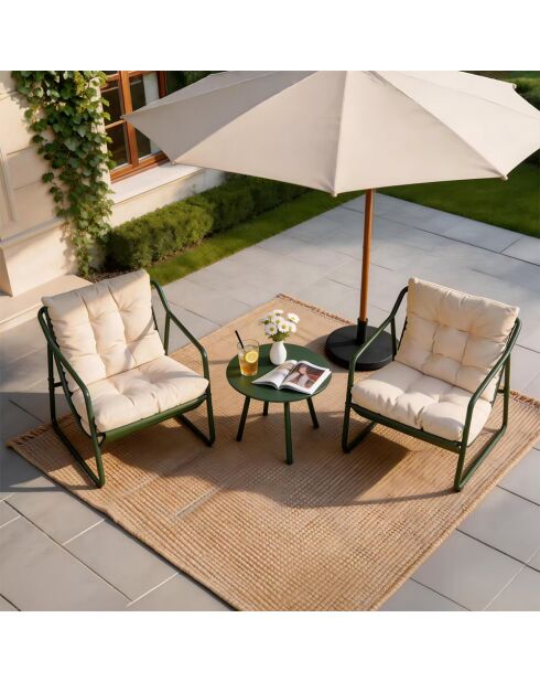 Salon de jardin 2 fauteuils avec table basse Janina vert kaki - 3 pièces
