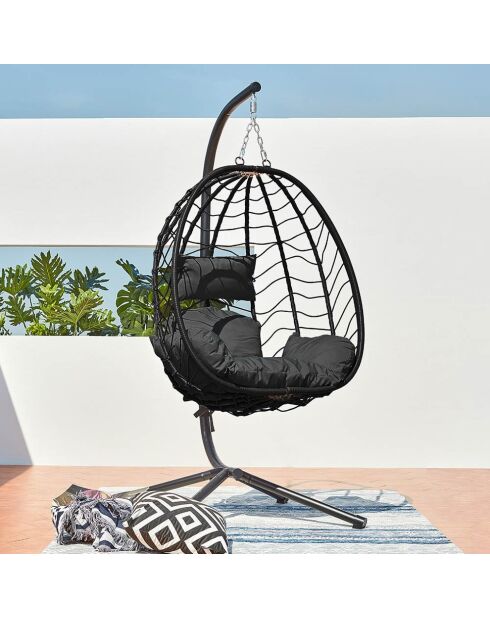 Fauteuil suspendu en résine effet rotin Norale noir - 95x95x197 cm