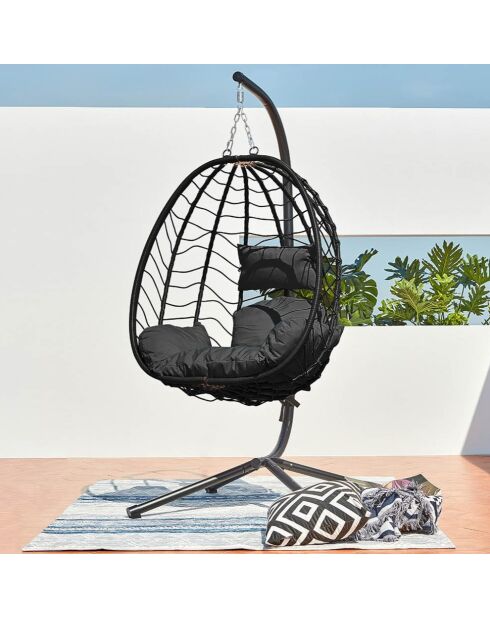 Fauteuil suspendu en résine effet rotin Norale noir - 95x95x197 cm