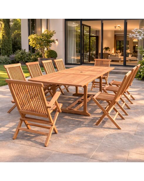 Salon de jardin en teck 12 places avec table rectangulaire, 8 chaises et 2 fauteuils Lireno marron - 11 pièces