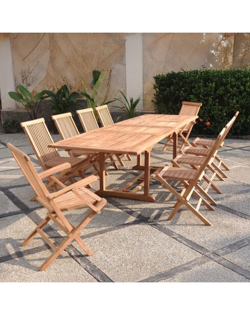 Salon de jardin en teck 12 places avec table rectangulaire, 8 chaises et 2 fauteuils Lireno marron - 11 pièces