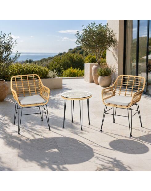 Salon de jardin 2 fauteuils et table basse effet rotin Ferrol naturel - 3 pièces