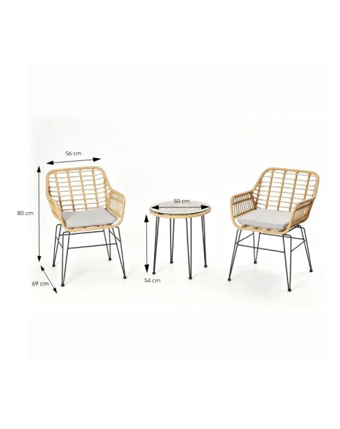 Salon de jardin 2 fauteuils et table basse effet rotin Ferrol naturel - 3 pièces