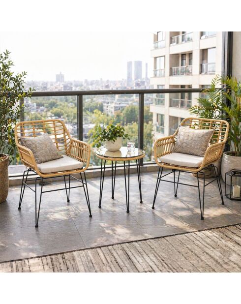 Salon de jardin 2 fauteuils et table basse effet rotin Ferrol naturel - 3 pièces