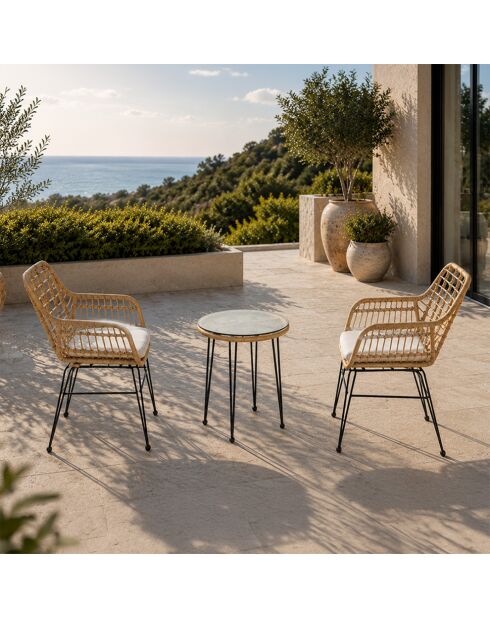 Salon de jardin 2 fauteuils et table basse effet rotin Ferrol naturel - 3 pièces