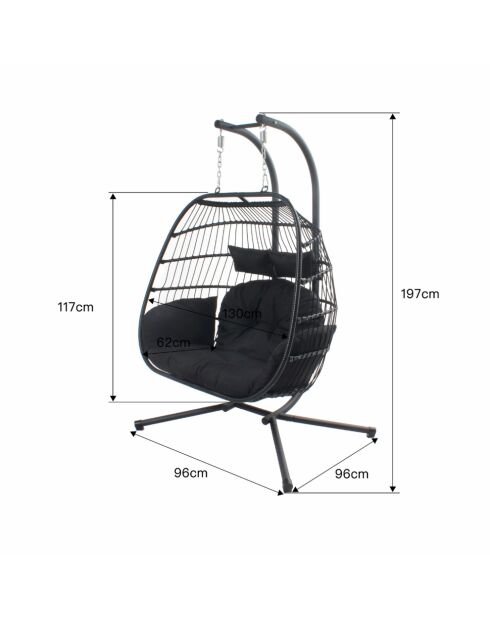 Fauteuil suspendu 2 places Pisae noir - 130x97x196 cm