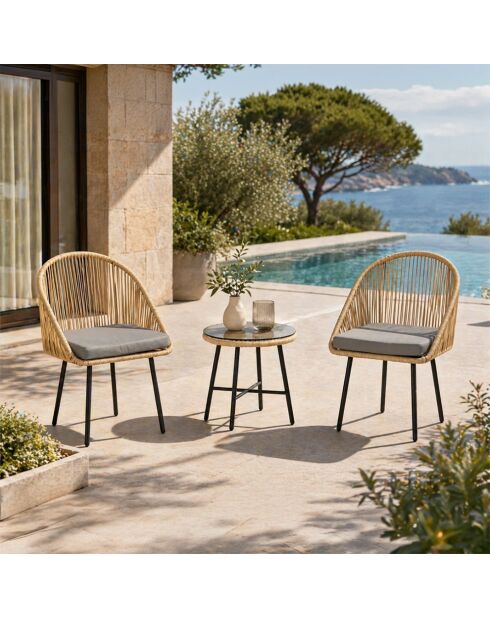 Salon de jardin 2 fauteuils et table basse effet rotin Moro naturel - 3 pièces