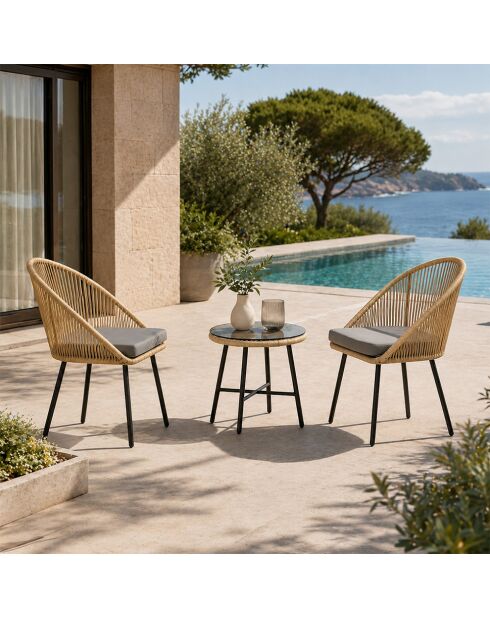 Salon de jardin 2 fauteuils et table basse effet rotin Moro naturel - 3 pièces