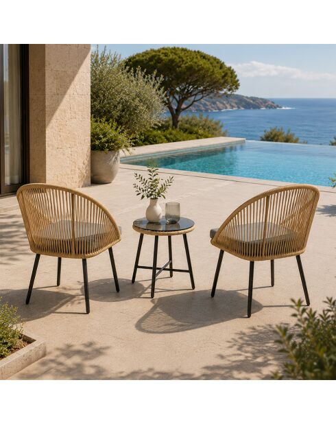 Salon de jardin 2 fauteuils et table basse effet rotin Moro naturel - 3 pièces