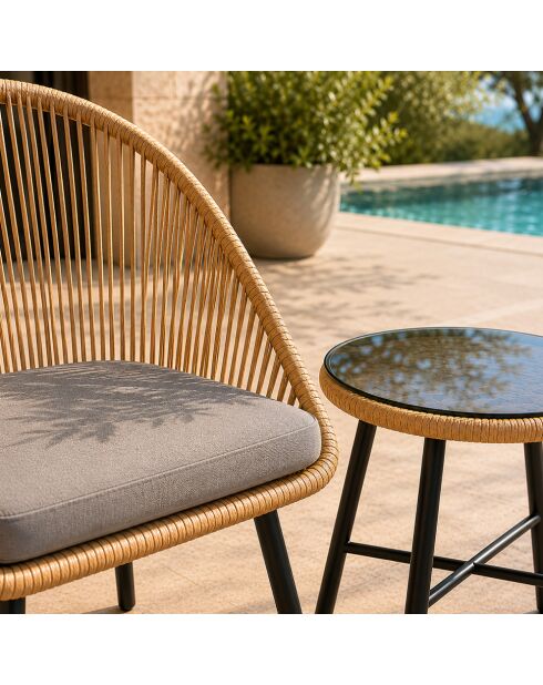 Salon de jardin 2 fauteuils et table basse effet rotin Moro naturel - 3 pièces