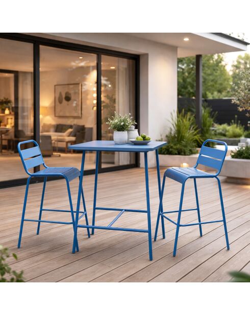 Ensemble table de bar et 2 chaises hautes d'extérieur Falcou bleu - 3 pièces