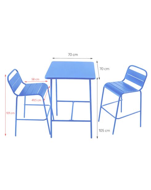 Ensemble table de bar et 2 chaises hautes d'extérieur Falcou bleu - 3 pièces