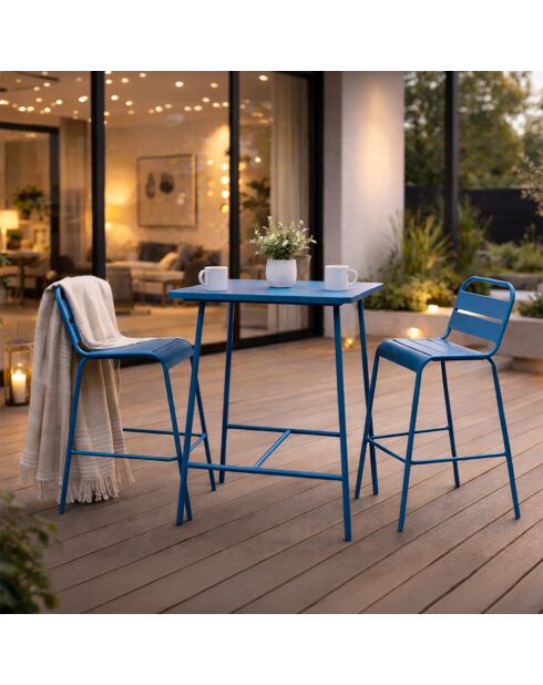 Ensemble table de bar et 2 chaises hautes d'extérieur Falcou bleu - 3 pièces