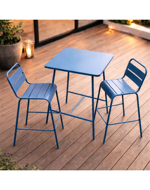 Ensemble table de bar et 2 chaises hautes d'extérieur Falcou bleu - 3 pièces