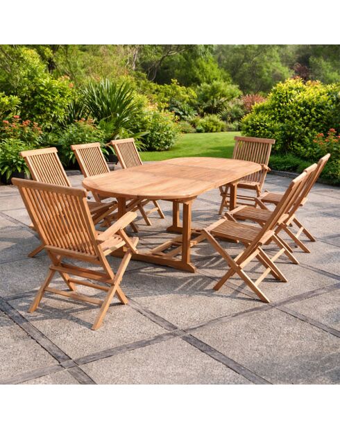 Salon de jardin en teck 10 places avec table ovale, 6 chaises et 2 fauteuils Lireno marron - 9 pièces