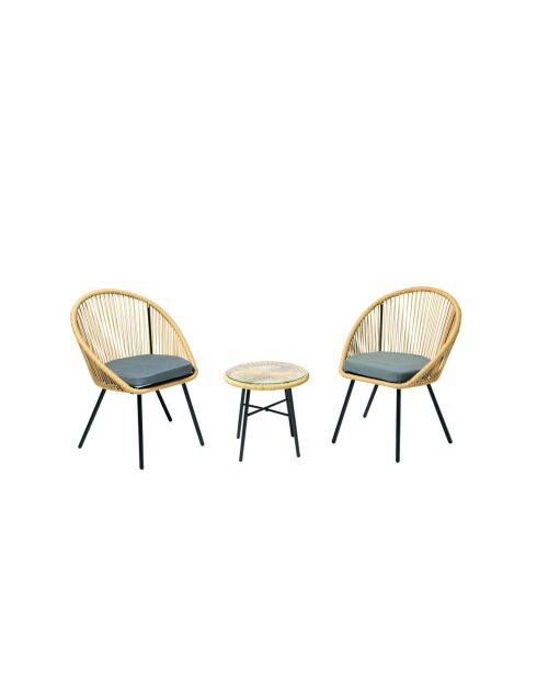 Salon de jardin 2 fauteuils et 1 table avec coussins Moro gris - 165x59x83 cm