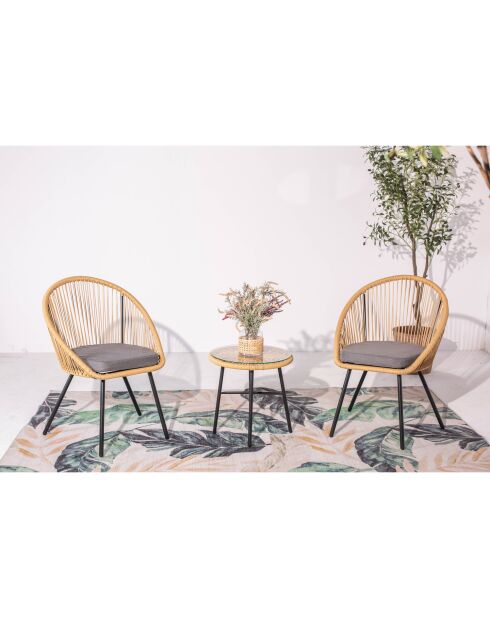 Salon de jardin 2 fauteuils et 1 table avec coussins Moro gris - 165x59x83 cm