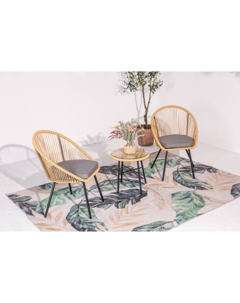Salon de jardin 2 fauteuils et 1 table avec coussins Moro gris - 165x59x83 cm