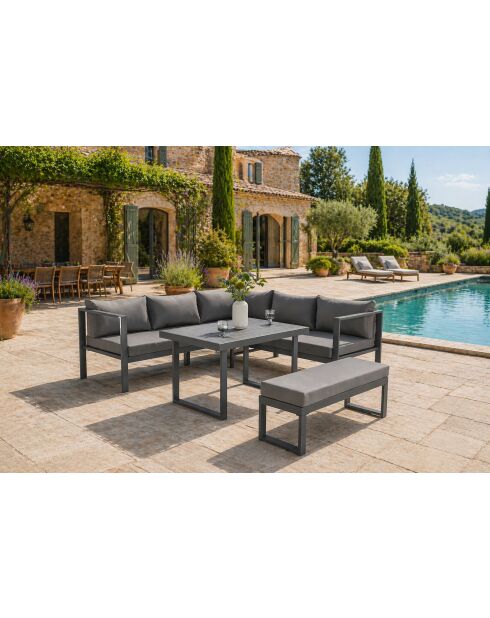Mueble de jardín Limone gris oscuro de 6 plazas con sofá y banco - 3 piezas