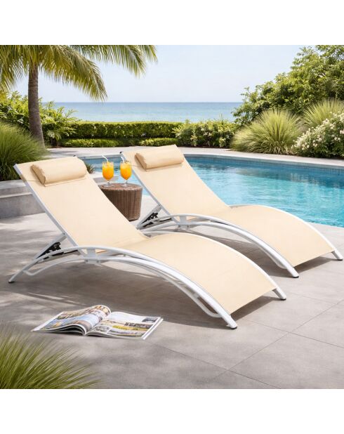 Lot de 2 transats ajustables Manado blanc et écru - 81x157x59 cm