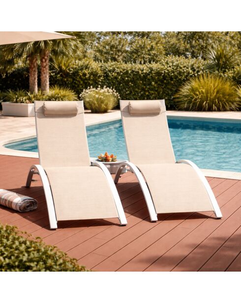 Lot de 2 transats ajustables Manado blanc et écru - 81x157x59 cm