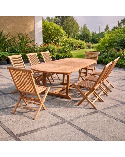 Salon de jardin en teck massif 8 à 10 places avec table ovale et 8 chaises Lireno marron - 9 pièces