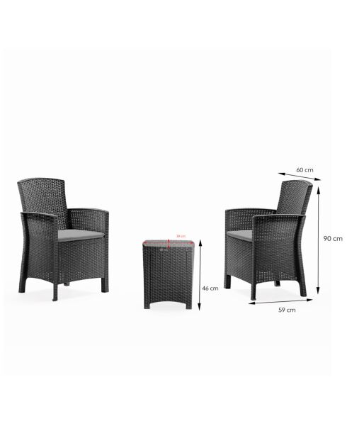 Salon de jardin 2 fauteuils avec table basse Konya gris anthracite - 3 pièces