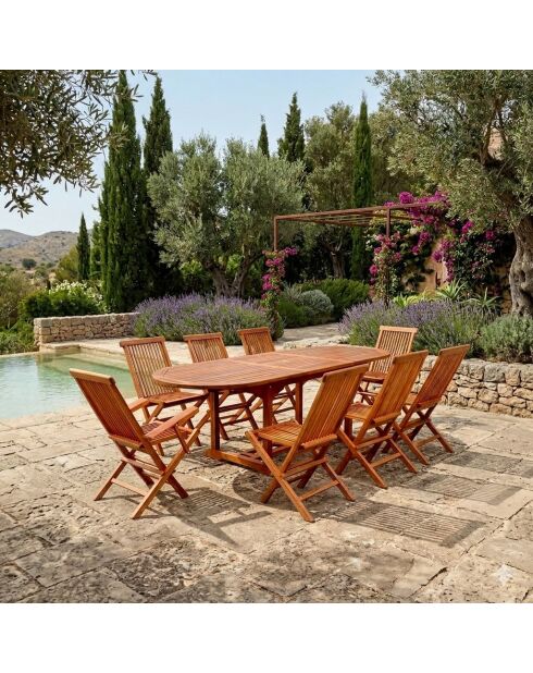Table de jardin ovale avec 6 chaises et 2 fauteuils en teck huilé Lobo marron - 9 pièces