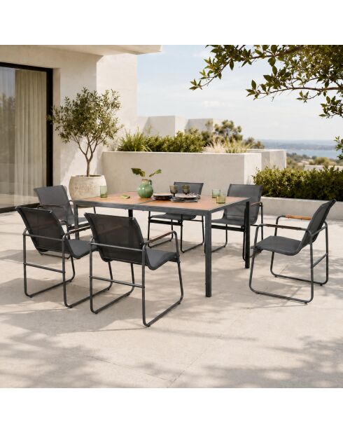 Salon de jardin 6 places anthracite et bois Palinuro anthracite - 7 pièces