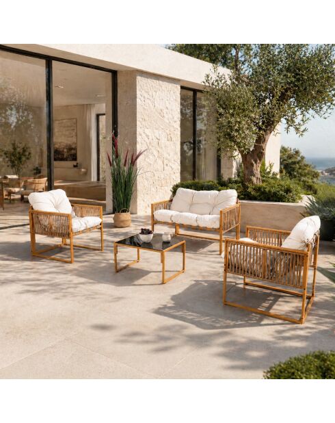 Salon de jardin 4 places effet rotin avec coussins blancs Valencia blanc - 4 pièces