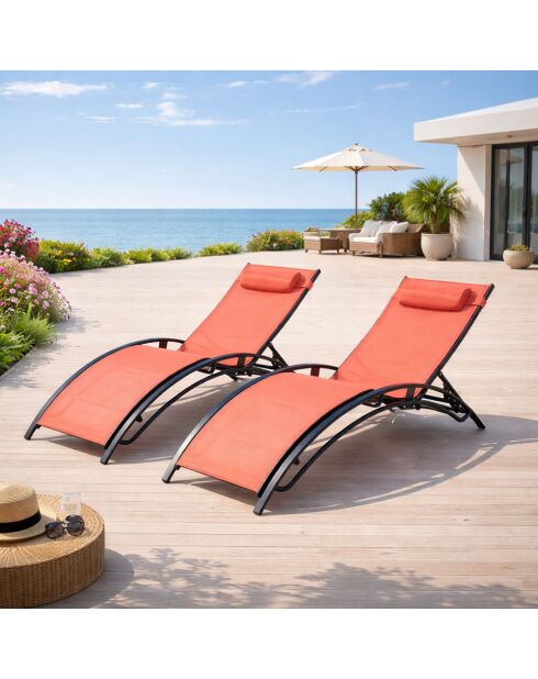 Lot de 2 transats ajustables Manado noir et terracotta - 81x157x59 cm