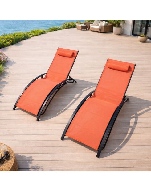 Lot de 2 transats ajustables Manado noir et terracotta - 81x157x59 cm