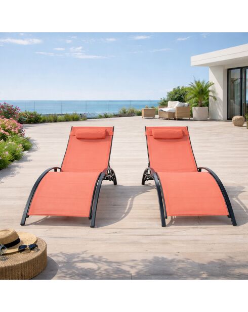 Lot de 2 transats ajustables Manado noir et terracotta - 81x157x59 cm