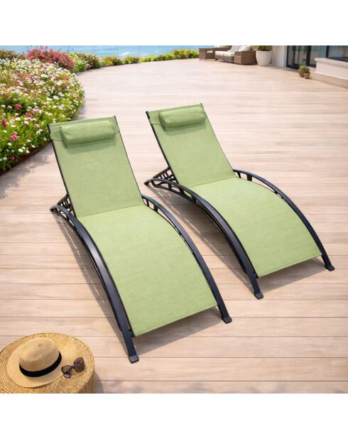 Lot de 2 transats ajustables Manado gris et kaki - 81x157x59 cm