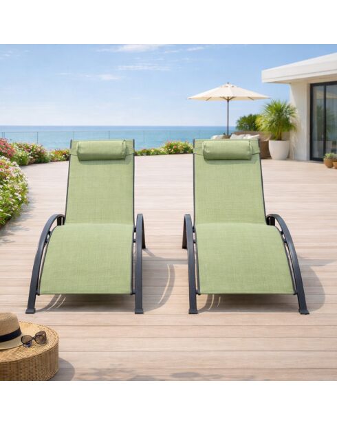 Lot de 2 transats ajustables Manado gris et kaki - 81x157x59 cm