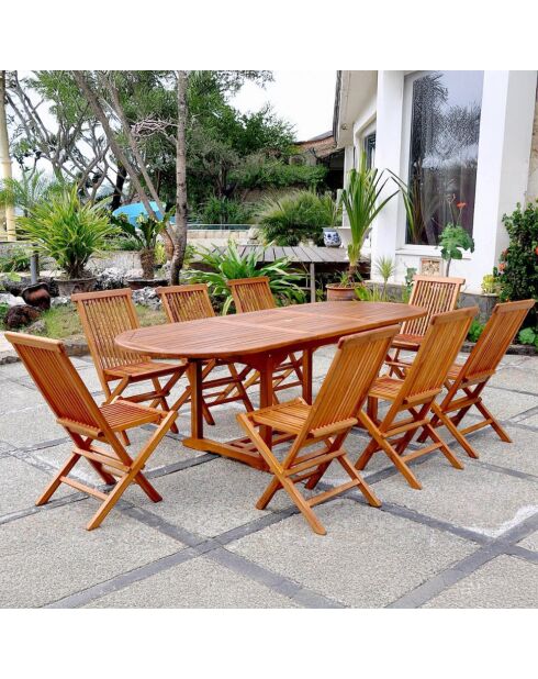 Salon de jardin en teck huilé 8 places avec table ovale et 8 chaises Lobo marron - 9 pièces