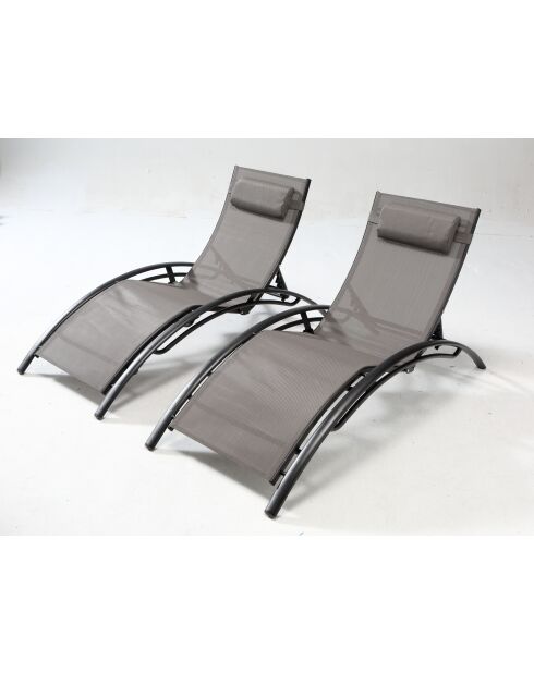 Lot de 2 transats empilables et ajustables en aluminium Ceylan gris et noir - 66x179x30 cm