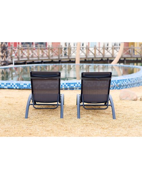 Lot de 2 transats empilables et ajustables en aluminium Ceylan gris et noir - 66x179x30 cm