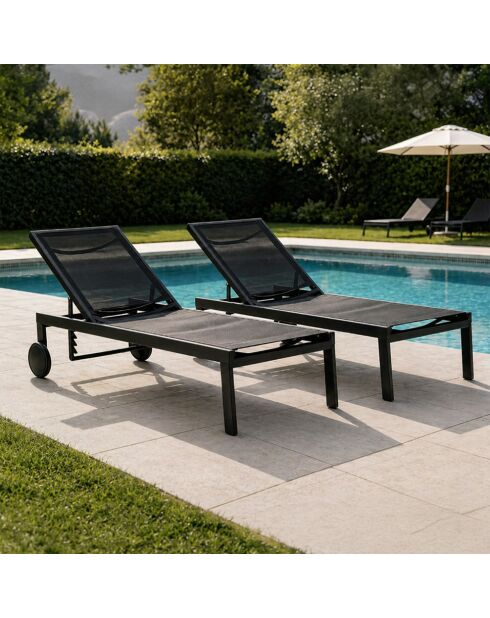 Lot de 2 bains de soleil inclinables avec roues en aluminium Mariva noir - 215x67x35 cm