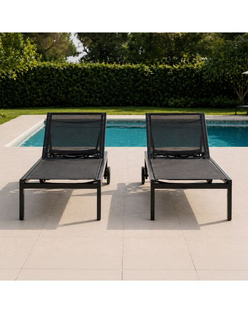 Lot de 2 bains de soleil inclinables avec roues en aluminium Mariva noir - 215x67x35 cm