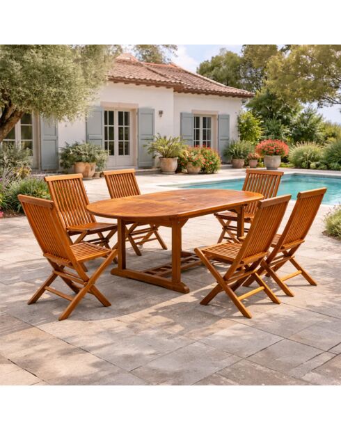 Salon de jardin en teck huilé 6 places avec table ovale et 6 chaises Lobo marron - 7 pièces