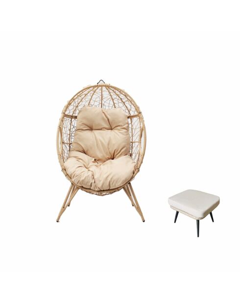 Ensemble d'extérieur : fauteuil suspendu effet rotin et repose-pieds avec coussin Rimouski beige - 2 pièces